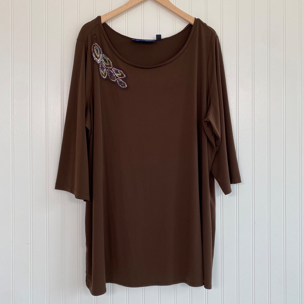 Susan Graver Womens Liquid Knit Tunic Top Size 2X‎ Beaded Embellished 3/4 Sleeve